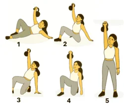 Femme sportive exécutant un exercice de fitness : le Relevé Turc ou Turkish Get-Up avec un Kettlebell.