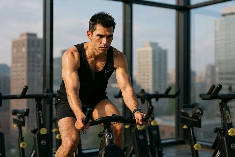 Homme sportif qui s'entraine sur un vélo de biking ou spinning