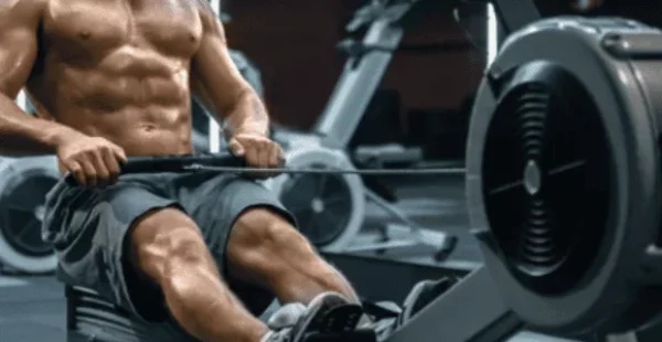 Homme sportif qui s'entraine pour du renforcement musculaire sur rameur indoor.
